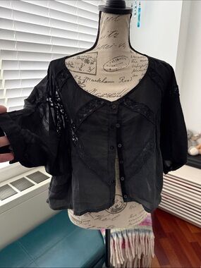 Black Sheer Lace-Trim Button Front Blouse - Women